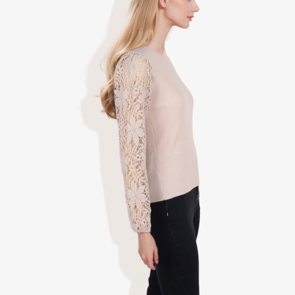 Crew Neck Knit Top with Floral Lace Long Sleeves Versatile and Elegant for Any Occasion