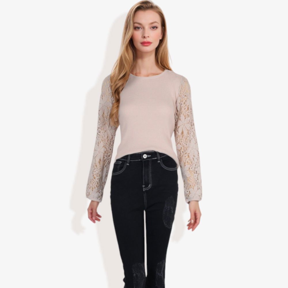 Crew Neck Knit Top with Floral Lace Long Sleeves Versatile and Elegant for Any Occasion