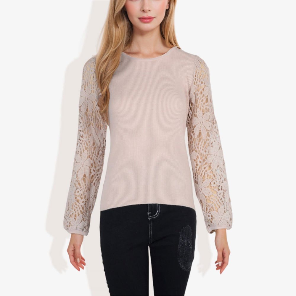 Crew Neck Knit Top with Floral Lace Long Sleeves Versatile and Elegant for Any Occasion