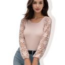 Beige XL Crew Neck Knit Top with Floral Lace Long Sleeves Versatile and Elegant for Any Occasion