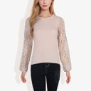 Beige XL Crew Neck Knit Top with Floral Lace Long Sleeves Versatile and Elegant for Any Occasion