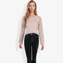 Beige XL Crew Neck Knit Top with Floral Lace Long Sleeves Versatile and Elegant for Any Occasion