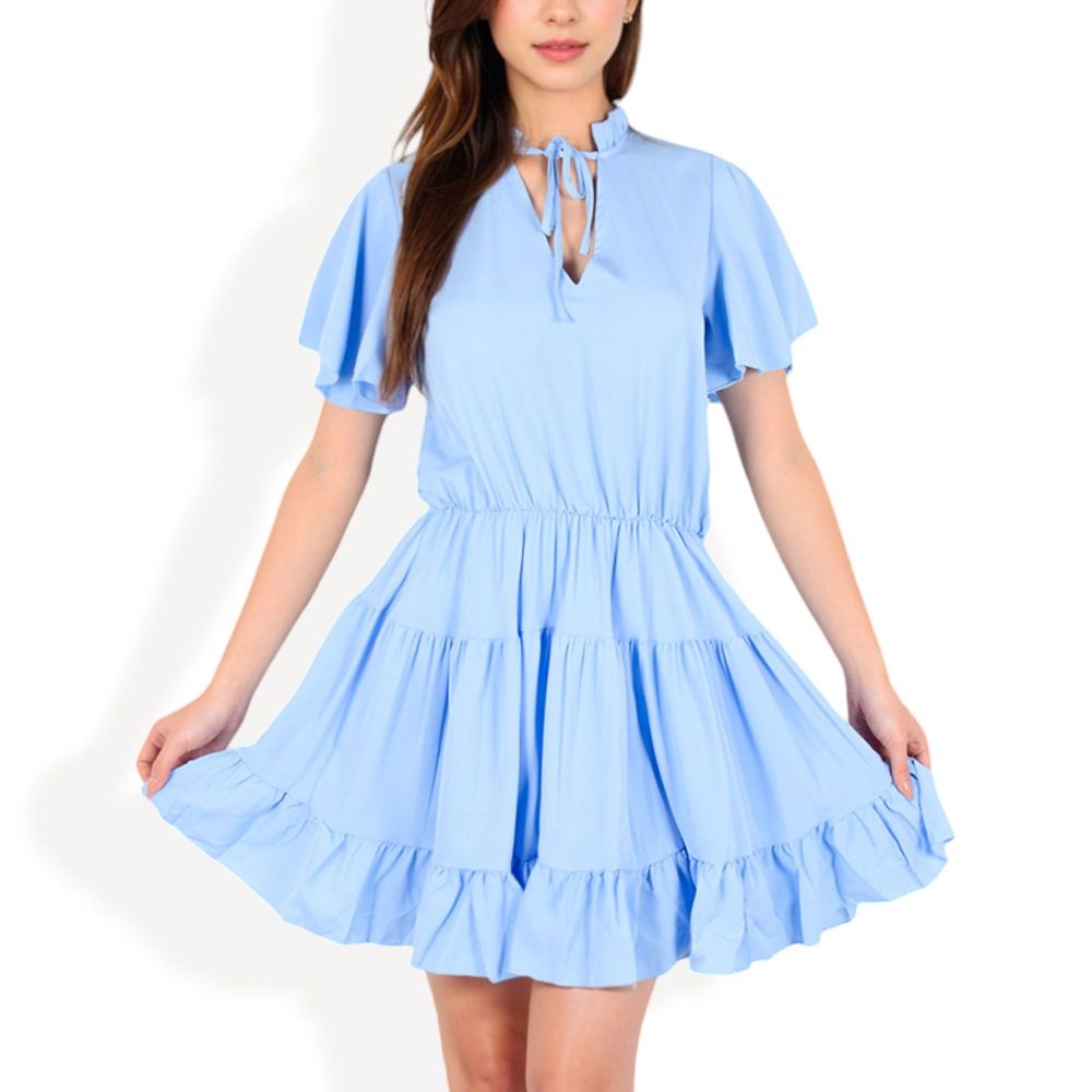 Flutter Sleeve Tiered Dress with Tie Neck and Ruffle Hem