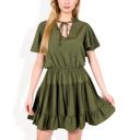 Green Large Flutter Sleeve Tiered Dress with Tie Neck and Ruffle Hem