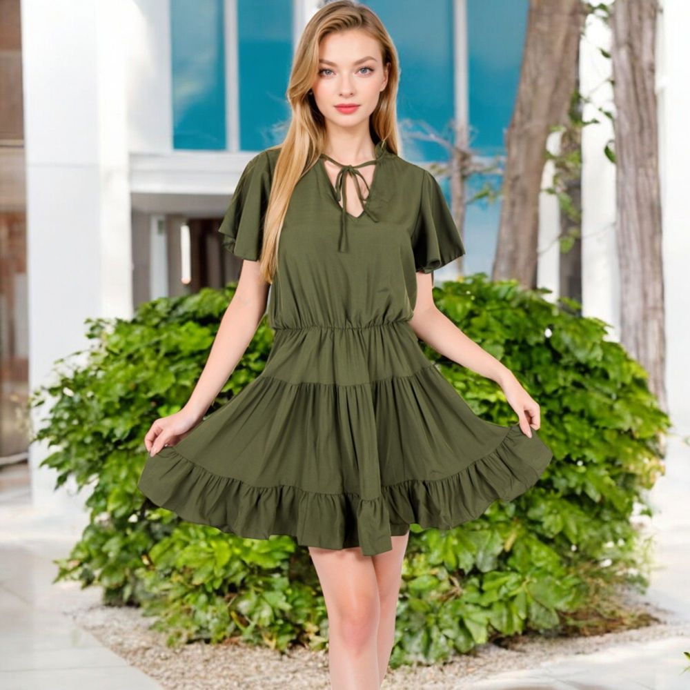 Flutter Sleeve Tiered Dress with Tie Neck and Ruffle Hem