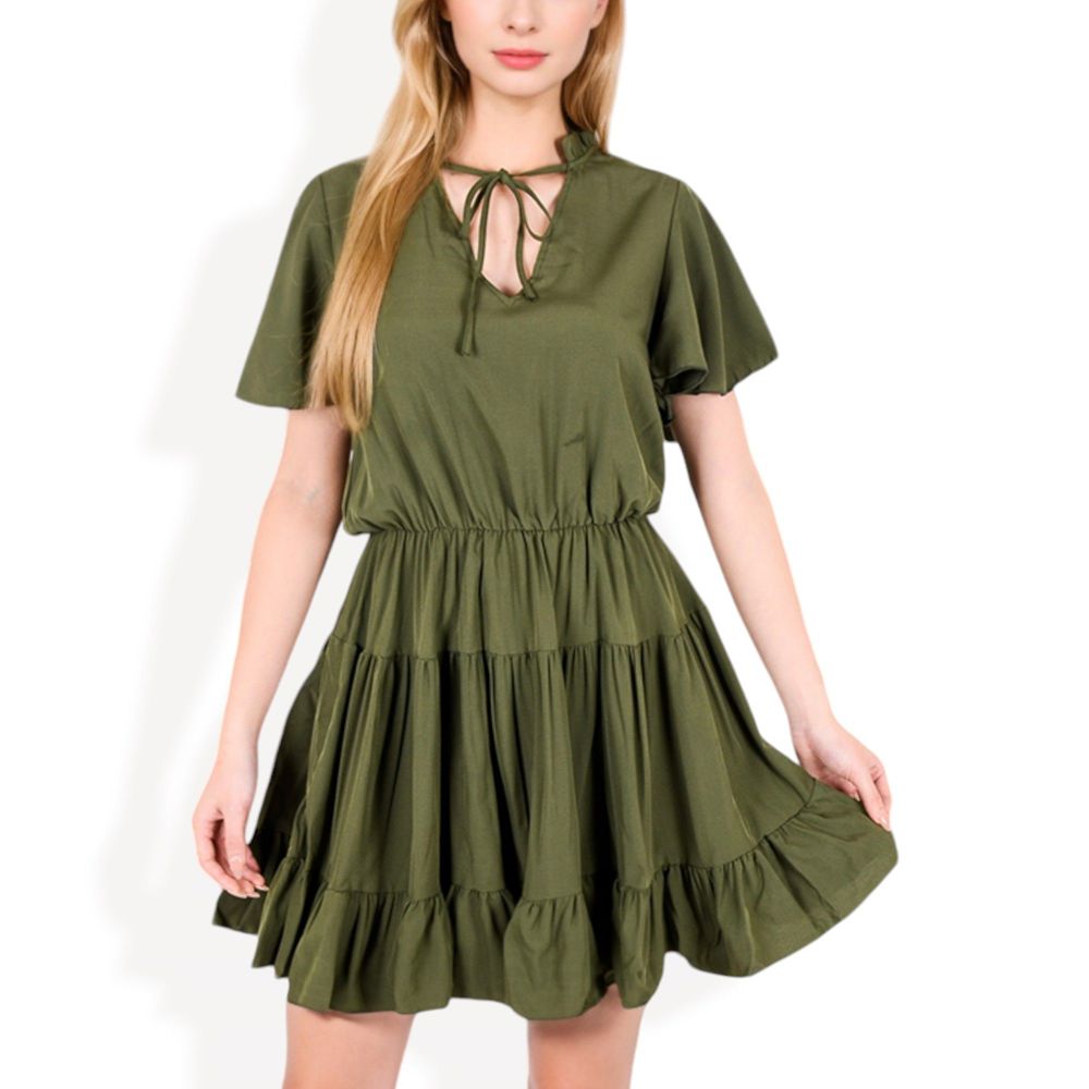 Flutter Sleeve Tiered Dress with Tie Neck and Ruffle Hem