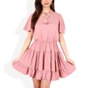 Pink Large Flutter Sleeve Tiered Dress with Tie Neck and Ruffle Hem