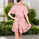 Pink Large Flutter Sleeve Tiered Dress with Tie Neck and Ruffle Hem