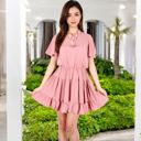 Pink Large Flutter Sleeve Tiered Dress with Tie Neck and Ruffle Hem