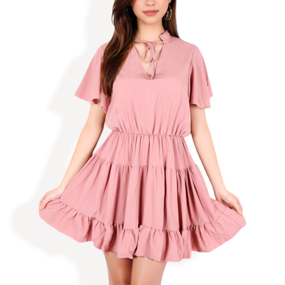 Flutter Sleeve Tiered Dress with Tie Neck and Ruffle Hem