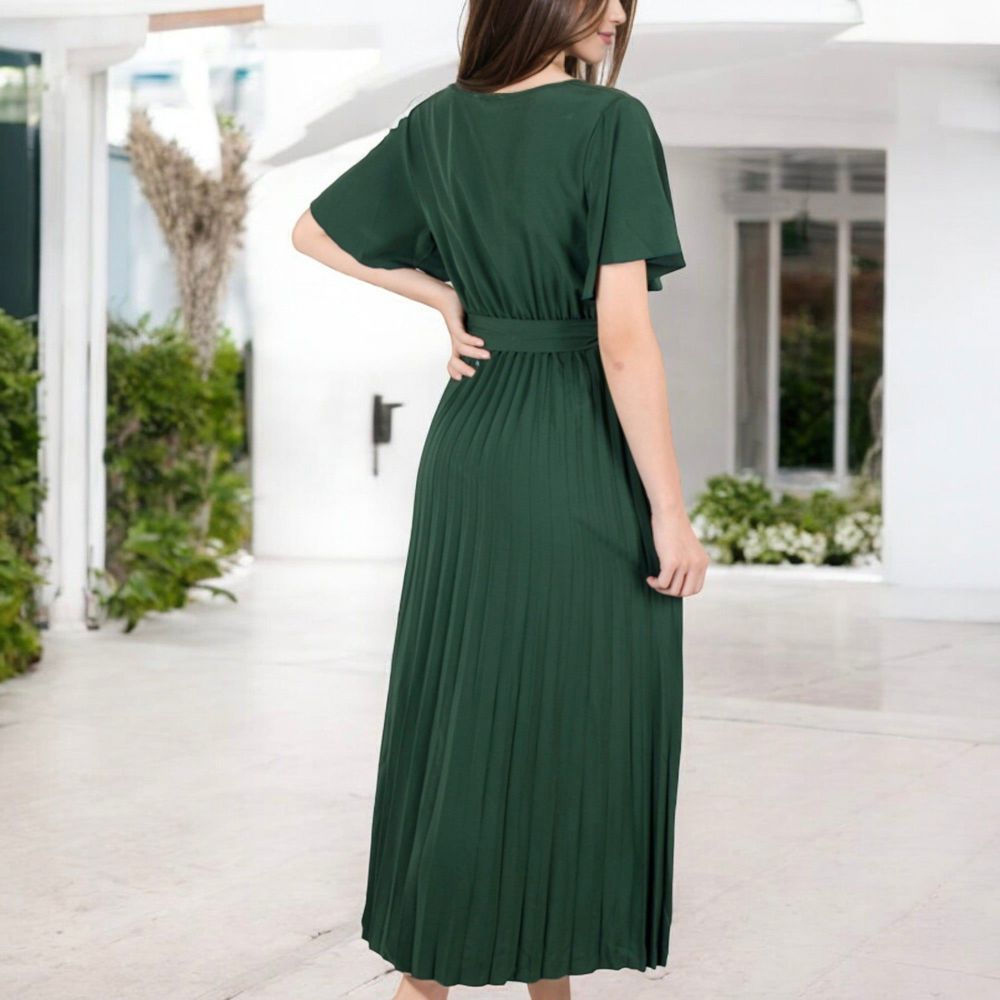 V-Neck Flutter Sleeve Maxi Dress with Pleated Skirt and Waist Tie