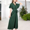  V-Neck Flutter Sleeve Maxi Dress with Pleated Skirt and Waist Tie