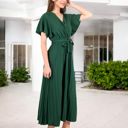  V-Neck Flutter Sleeve Maxi Dress with Pleated Skirt and Waist Tie