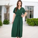  V-Neck Flutter Sleeve Maxi Dress with Pleated Skirt and Waist Tie