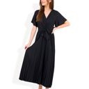 Black Large V-Neck Flutter Sleeve Maxi Dress with Pleated Skirt and Waist Tie