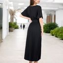 Black Large V-Neck Flutter Sleeve Maxi Dress with Pleated Skirt and Waist Tie