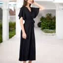 Black Large V-Neck Flutter Sleeve Maxi Dress with Pleated Skirt and Waist Tie