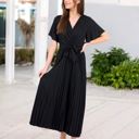 Black Large V-Neck Flutter Sleeve Maxi Dress with Pleated Skirt and Waist Tie