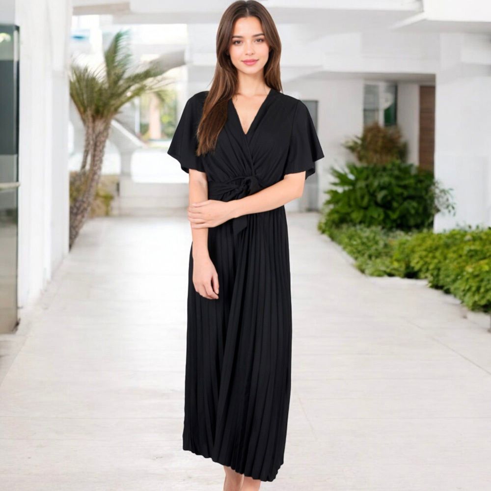 V-Neck Flutter Sleeve Maxi Dress with Pleated Skirt and Waist Tie