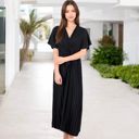 Black Large V-Neck Flutter Sleeve Maxi Dress with Pleated Skirt and Waist Tie