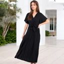 Black Large V-Neck Flutter Sleeve Maxi Dress with Pleated Skirt and Waist Tie