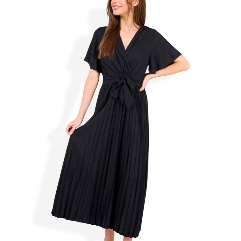 V-Neck Flutter Sleeve Maxi Dress with Pleated Skirt and Waist Tie