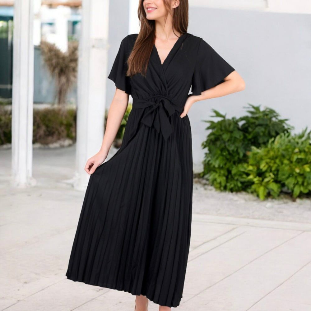 V-Neck Flutter Sleeve Maxi Dress with Pleated Skirt and Waist Tie