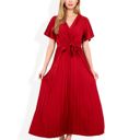 Red Large V-Neck Flutter Sleeve Maxi Dress with Pleated Skirt and Waist Tie