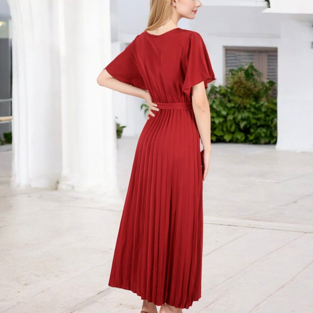 V-Neck Flutter Sleeve Maxi Dress with Pleated Skirt and Waist Tie