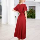 Red Large V-Neck Flutter Sleeve Maxi Dress with Pleated Skirt and Waist Tie