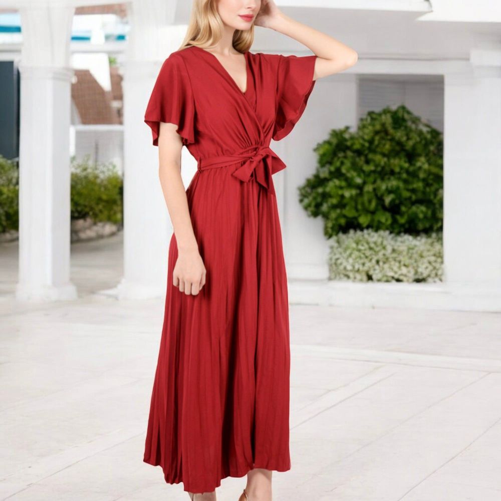 V-Neck Flutter Sleeve Maxi Dress with Pleated Skirt and Waist Tie