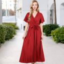 Red Large V-Neck Flutter Sleeve Maxi Dress with Pleated Skirt and Waist Tie