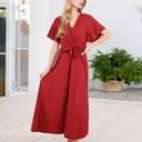 Red Large V-Neck Flutter Sleeve Maxi Dress with Pleated Skirt and Waist Tie