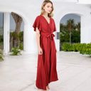 Red Large V-Neck Flutter Sleeve Maxi Dress with Pleated Skirt and Waist Tie