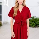 Red Large V-Neck Flutter Sleeve Maxi Dress with Pleated Skirt and Waist Tie