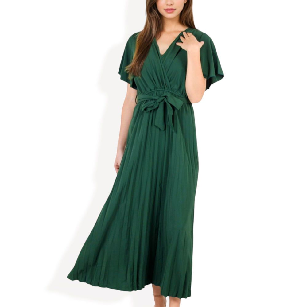 V-Neck Flutter Sleeve Maxi Dress with Pleated Skirt and Waist Tie