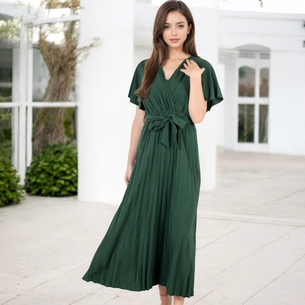 V-Neck Flutter Sleeve Maxi Dress with Pleated Skirt and Waist Tie