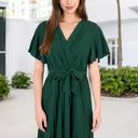 Green Large V-Neck Flutter Sleeve Maxi Dress with Pleated Skirt and Waist Tie