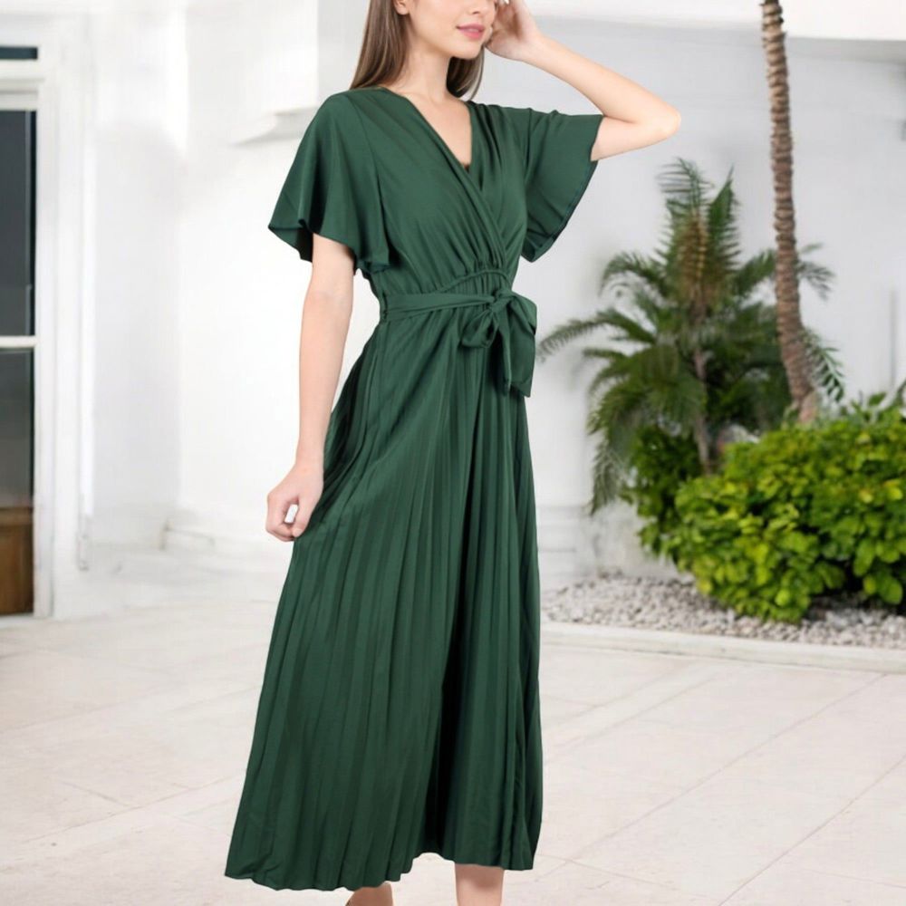 V-Neck Flutter Sleeve Maxi Dress with Pleated Skirt and Waist Tie