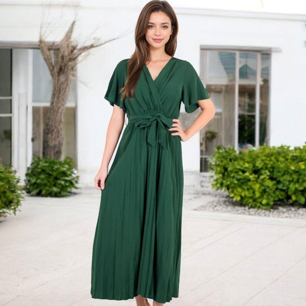 V-Neck Flutter Sleeve Maxi Dress with Pleated Skirt and Waist Tie