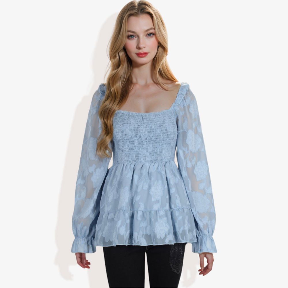 Square Neck Smocked Top with Sheer Puff Sleeves Elegant and Stylish for Any Occasion