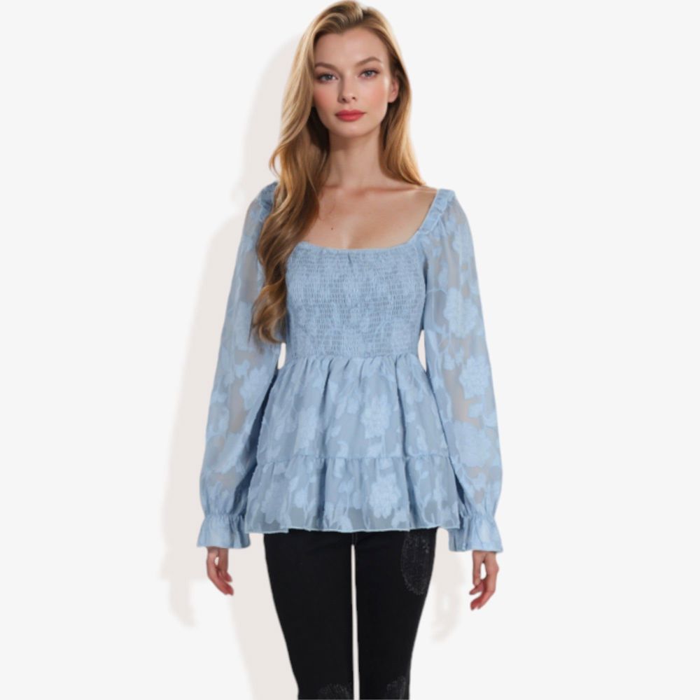 Square Neck Smocked Top with Sheer Puff Sleeves Elegant and Stylish for Any Occasion