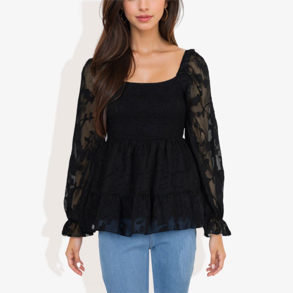 Square Neck Smocked Top with Sheer Puff Sleeves Elegant and Stylish for Any Occasion