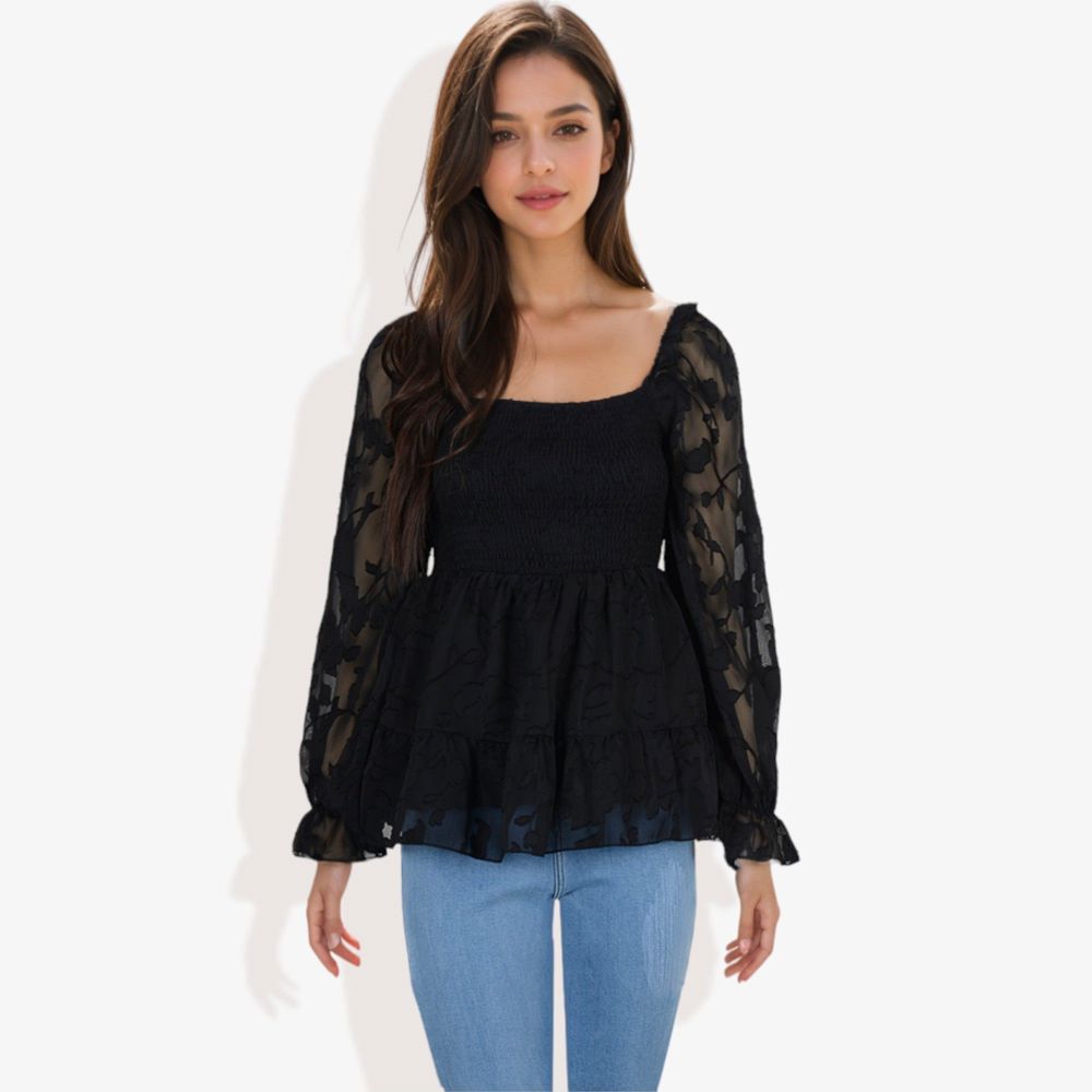 Square Neck Smocked Top with Sheer Puff Sleeves Elegant and Stylish for Any Occasion