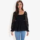 Black Large Square Neck Smocked Top with Sheer Puff Sleeves Elegant and Stylish for Any Occasion