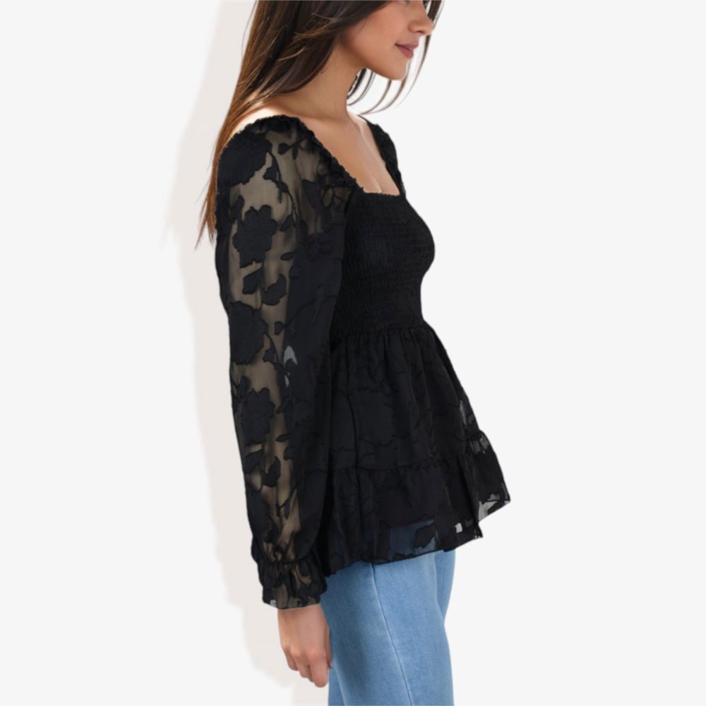 Square Neck Smocked Top with Sheer Puff Sleeves Elegant and Stylish for Any Occasion