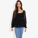 Black Large Square Neck Smocked Top with Sheer Puff Sleeves Elegant and Stylish for Any Occasion