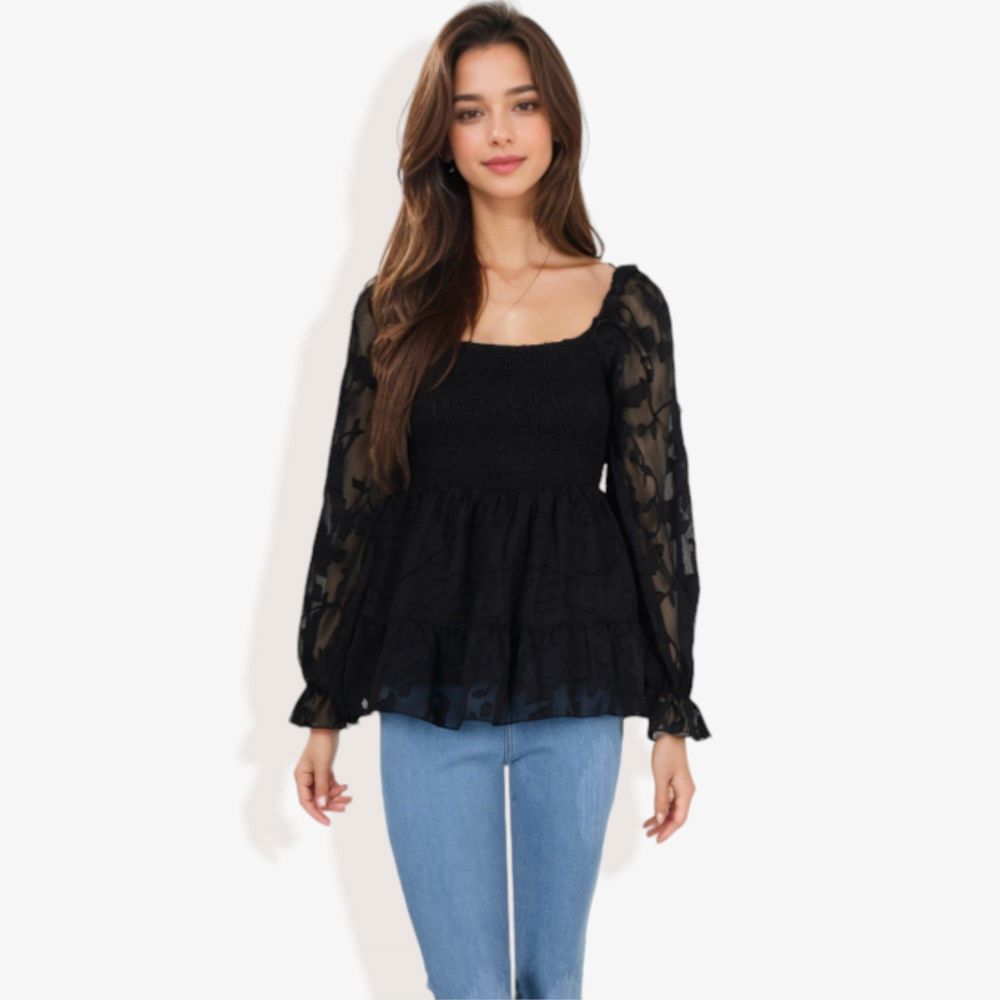 Square Neck Smocked Top with Sheer Puff Sleeves Elegant and Stylish for Any Occasion