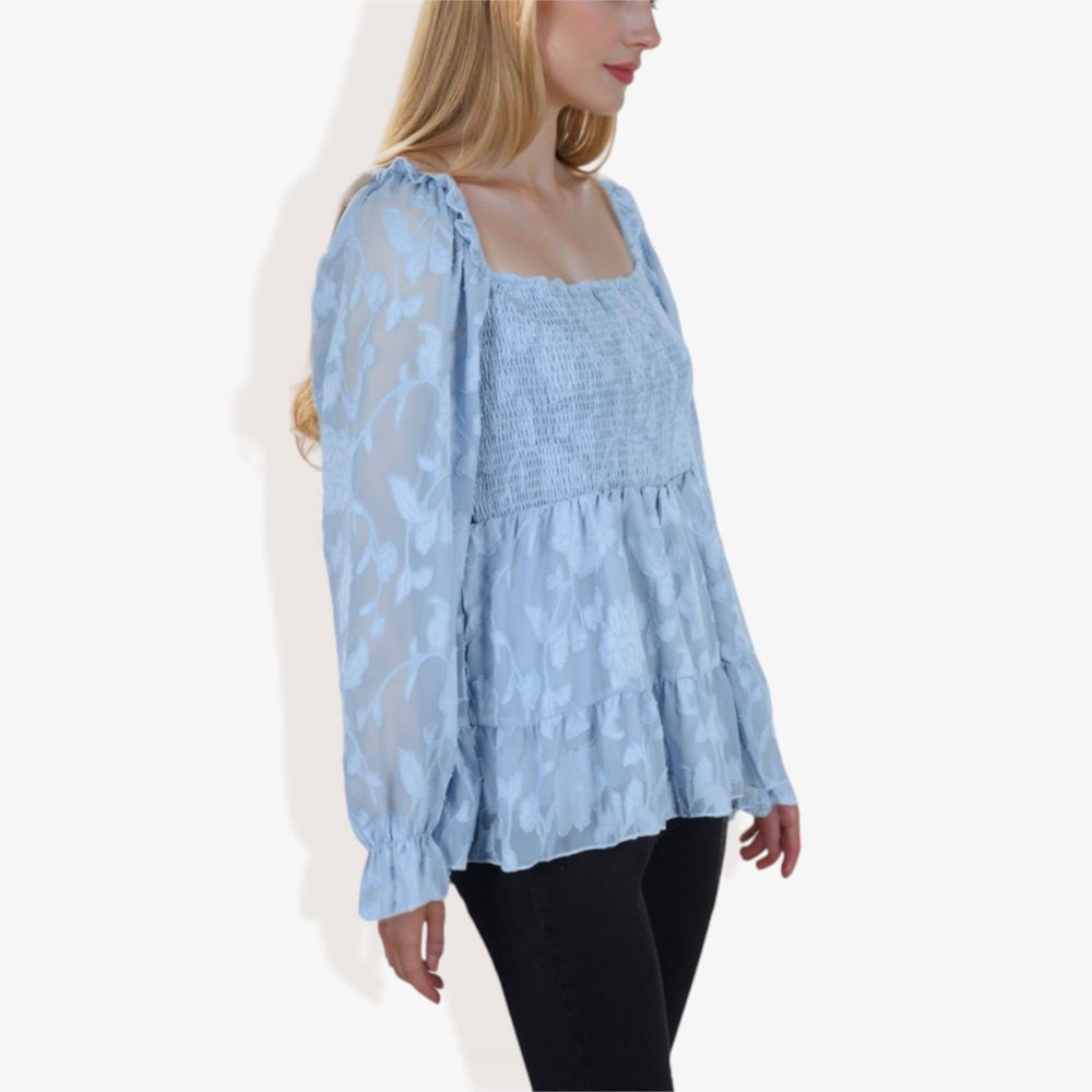 Square Neck Smocked Top with Sheer Puff Sleeves Elegant and Stylish for Any Occasion