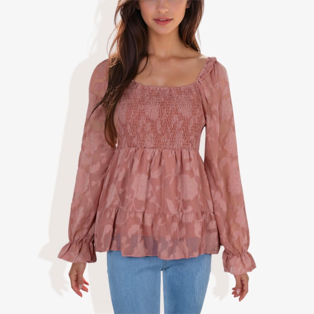 Square Neck Smocked Top with Sheer Puff Sleeves Elegant and Stylish for Any Occasion